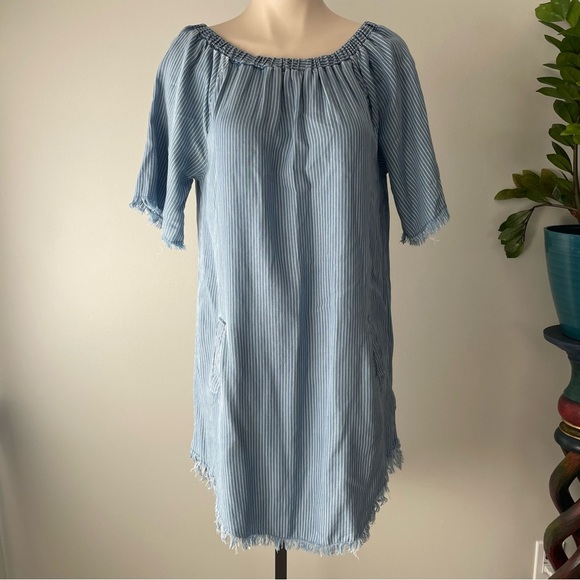 ANTHRO Standard Grace Striped Blue White High Low Fringe Dress Loose Relaxed - Picture 1 of 8